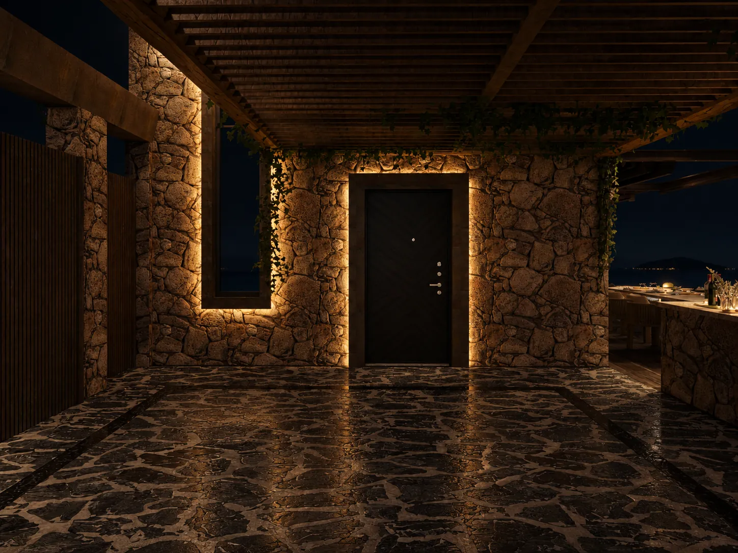 Elis Assos — aydınlatmalı villa, gece