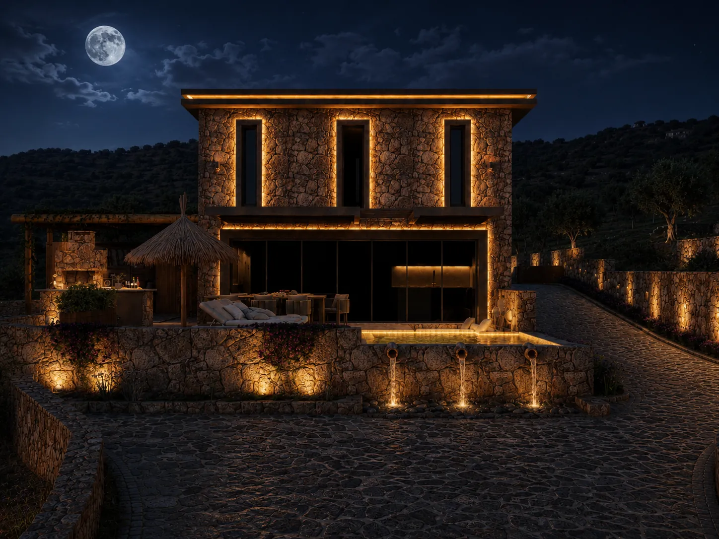 Elis Assos — villa, ay ışığında