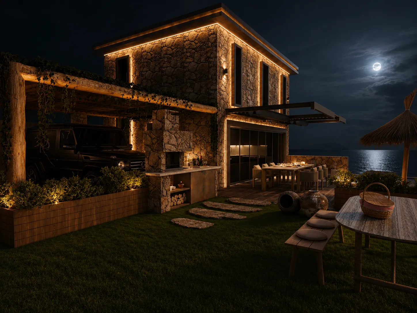 Elis Assos — teras ve deniz, gece