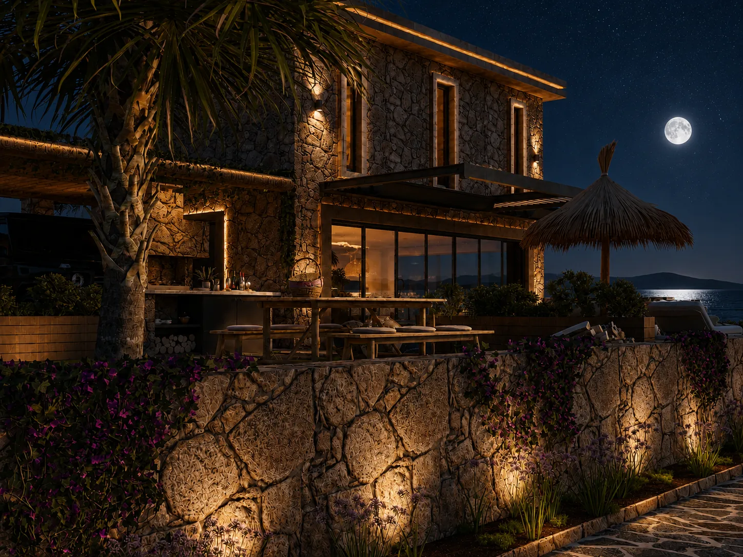 Elis Assos — gece aydınlatmalı villa